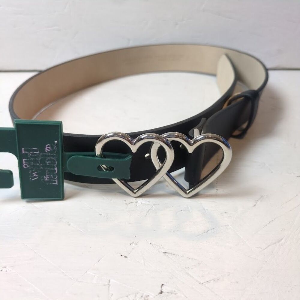 Wild Fable Womens Black Belt Double Heart Buckle Large Silver Tone NEW